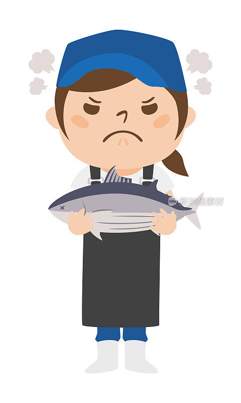 Illustration of a fish shop with a bonito. Angry woman.